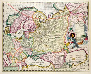 Kort over Lilleasien, der viser Norge, Sverige, Danmark, Lapland, Polen, Tyrkiet, Rusland og Moskva-regionen, ca. 1626 (håndfarvet pladegravering)